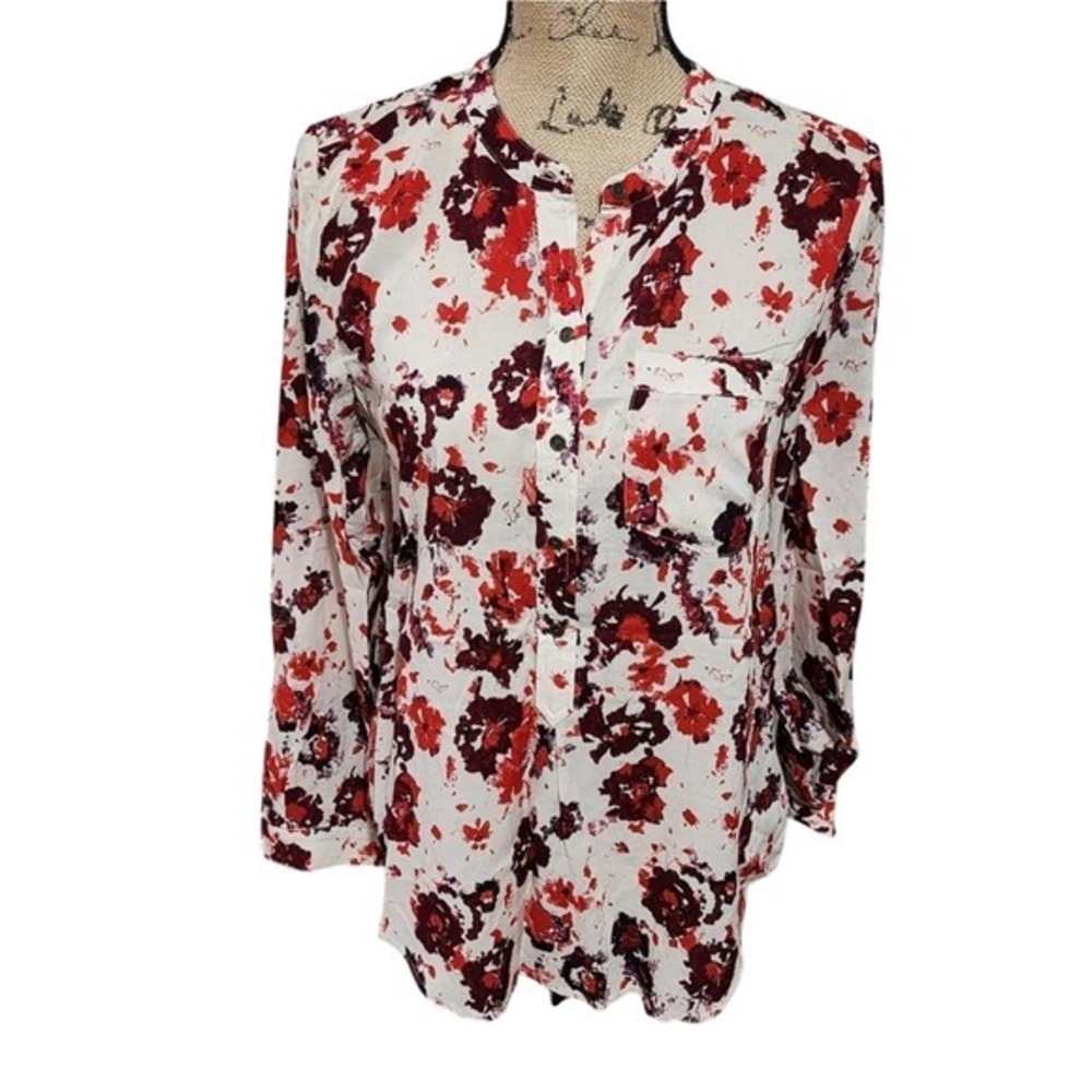 Lucky Brand Red Floral Split Neck Long Sleeve Blouse Small White Burgundy Button